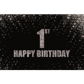 Silver Glitter Black Background Baby First 1st Happy Birthday Backdrop