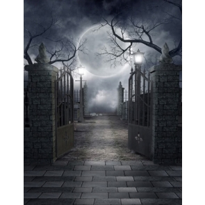 Grey Moon Sky Stone Iron Gate Withered Tree Halloween Backdrops