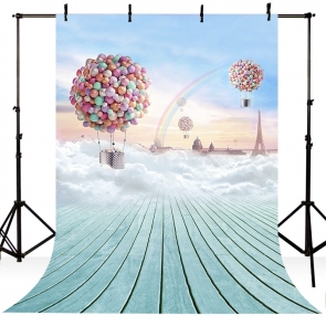 White Clouds Wood Floor Rainbow Background Hot Air Balloon Backdrop 
