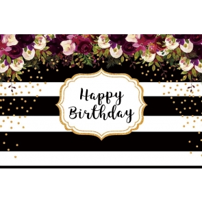 Black And White Striped Backdrop With Flowers Happy Party Birthday Photography Background