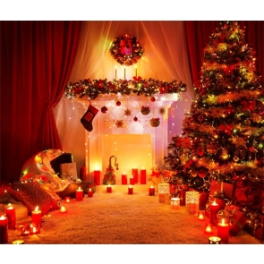 Christmas Tree Fireplace Candlelight Merry Christmas Backdrop Party Photography Background