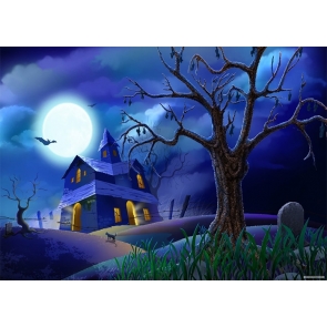 Under The Moon Wood House Scary Dead Tree Halloween Photo Booth Backdrop Decoration Prop