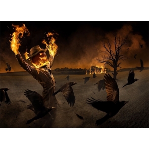 Scary Crow Flame Pumpkin Scarecrow Halloween Backdrop Photo Booth Stage Photography Background