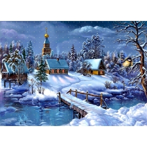 Winter Snow Covered Christmas Village Backdrop Stage Decoration Prop