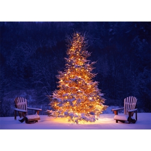 Outdoor Snow Covered Gold Light Decoration Christmas Tree Backdrop Stage Party Photography Background