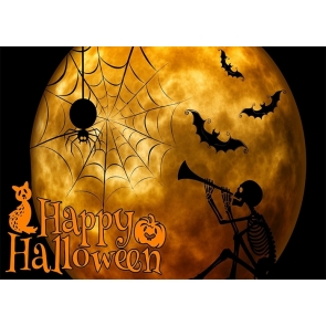 Under The Gold Moon Spider Web Dark Skull Halloween Party Backdrop Photography Background Stage Decoration Prop