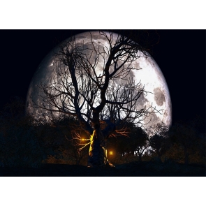 Huge Moon Dark Tree Halloween Photo Backdrop Party Decoration Prop Background