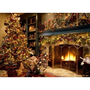 Retro Resplendent Medieval Building Fireplace Christmas Tree Backdrop Party Decoration Prop Background