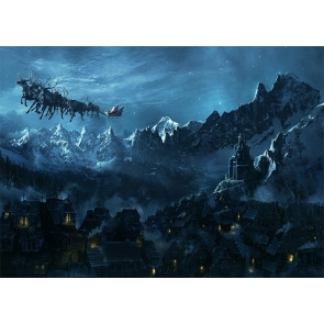 Sleigh Flying In The Night Christmas Village Backdrop Stage Photography Background Decoration Prop