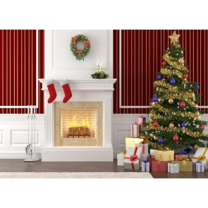 White Fireplace Christmas Tree Backdrop Party Decoration Prop Photography Background