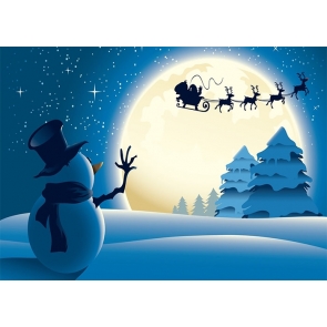 Snowman Santa's Sleigh Flying At Night Moon Christmas Party Backdrop Stage Photography Background