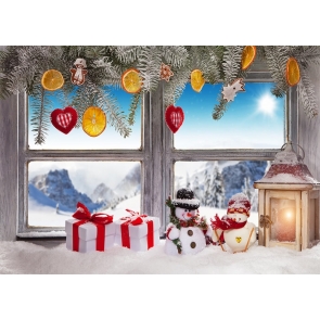 Snow Covered Retro Wood Glass Windows Christmas Backdrop Photo Booth Photography Background