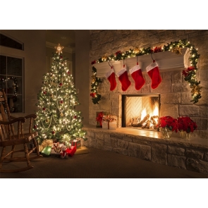 Vintage Stone Fireplace Christmas Tree Backdrop Party Decoration Prop Photography Background