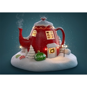 Wonderland Snow Covered Red Kettle House Christmas Backdrop Photo Booth Photography Background