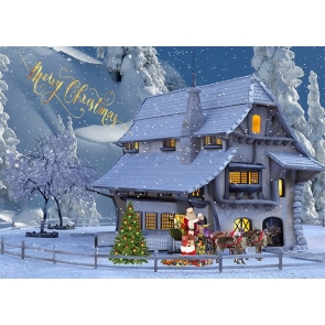 Snow Covered Santa's Workshop Backdrop Christmas Party Stage Decoration Prop Photography Background