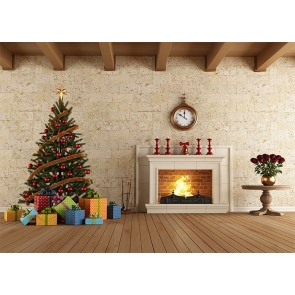 Retro White Fireplace Christmas Tree Backdrop Christmas Party Background Decoration Prop