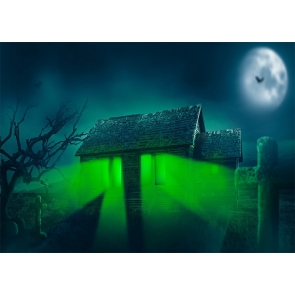 Scary Cemetery Green Light Wood House Graveyard Halloween Backdrop Party Photography Background