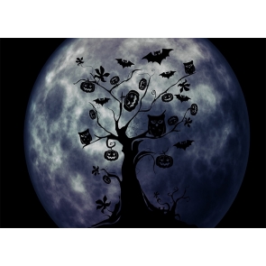 Full Moon Spider Bat Owl Pumpkin Tree Black And White Halloween Backdrop Party Decoration Prop