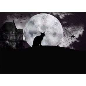 Full Moon Dark Cat Spider Web Black And White Halloween Backdrop Stage Party Decoration Prop
