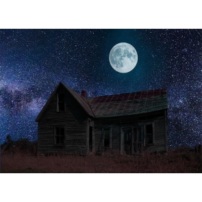 Under The Full Moon Star Sky Wood House Halloween Backdrop Stage Photography Background