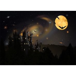 Under The Gold Full Moon Star Sky Castle Halloween Backdrop Stage Party Decoration Prop Background