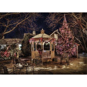Retro Wood Pavilion Light Christmas Tree Decoration Christmas Party Stage Backdrops Photo Booth Photography Background