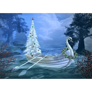 Wonderland Swan Wood Boat White Christmas Tree Backdrop Stage Party Photography Background