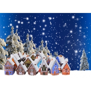 Snow Covered Village House Christmas Backdrop Party Stage Decoration Photography Background