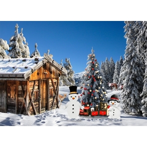 Snow Covered Wood House Snowman Christmas Tree Backdrop Stage Party Photography Background