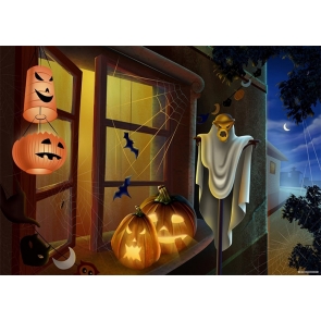 Pumpkins On The Window White Ghost Halloween Party Backdrop Photography Background Prop