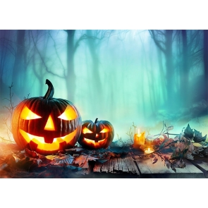 Green Light Forest Wood Floor On Candlelight Pumpkin Halloween Party Backdrop