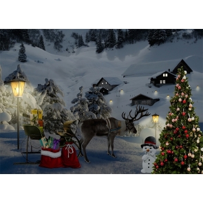 Snow Covered Village Wood House Reindeer Sled Christmas Tree Backdrop Photography Background