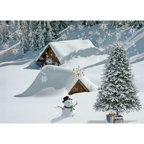 Snow Covered Wood House Snowman Christmas Tree Backdrop Stage Photography Background