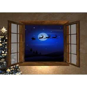 Outside The Retro Window Flight  Reindeer Sled Christmas Backdrop  Stage Photography Background