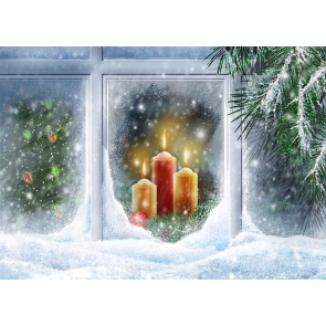 Snow Covered Glass Window Candlelight Christmas Party Backdrop Photography Background