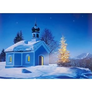 Winter Snow Covered House Gold Light Decoration Christmas Tree Backdrop Party Stage Photography Background