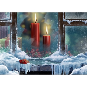 Winter Snow Covered Glass Window Candlelight Christmas Stage Backdrops Party Photography Background