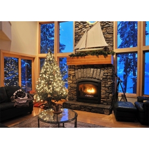 Retro Stone Fireplace Christmas Tree Backdrop Party Stage Photography Background