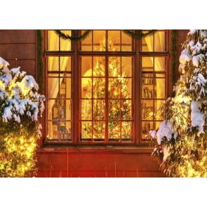 Glass Window Gold Lights Christmas Tree Backdrop Photo Booth Stage Photography Background