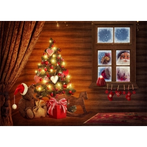 Santa Outside Window Christmas Tree Backdrop Photo Booth Stage Photography Background