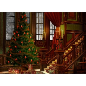 Medieval Building Christmas Tree Backdrop Stage Photo Booth Photography Background