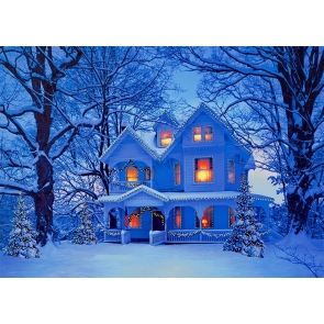 Winter Snow Covered Villa Christmas Scene Backdrops Stage Photo Booth Photography Background