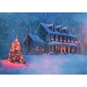 Winter Snow Covered Villa House Christmas Tree Backdrop Stage Photo Booth Photography Background