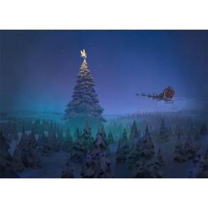 Santa's Reindeer Sled Fly Towards Christmas Tree Stage Backdrop Photo Booth Photography Background