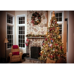 Christmas Tree  Retro Stone Fireplace Backdrop Stage Photo Booth Photography Background