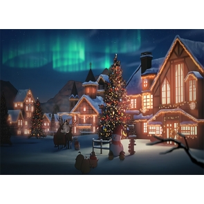 Green Northern Lights Snow Covered Christmas Village Backdrop Stage Photo Booth Photography Background