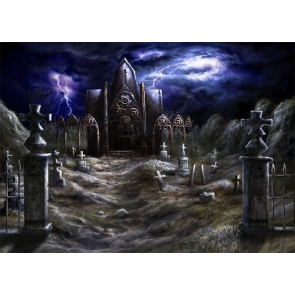 Terrifying Under Lightning Scary Cemetery Graveyard Halloween Backdrop Party Stage Photography Background