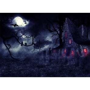 Under The Moon Scary Dark Forest Stone House Halloween Backdrop Party Stage Photography Background