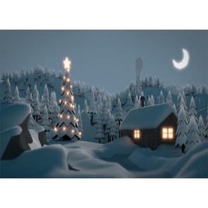 Cute Cartoon Winter Scene Snow Covered Wood House Christmas Tree Backdrop Stage Party Photography Background
