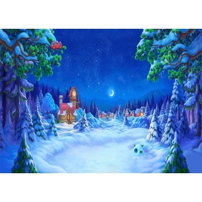 Cute Cartoon Winter Scene Snow Covered Christmas Village Backdrop Stage Photography Background